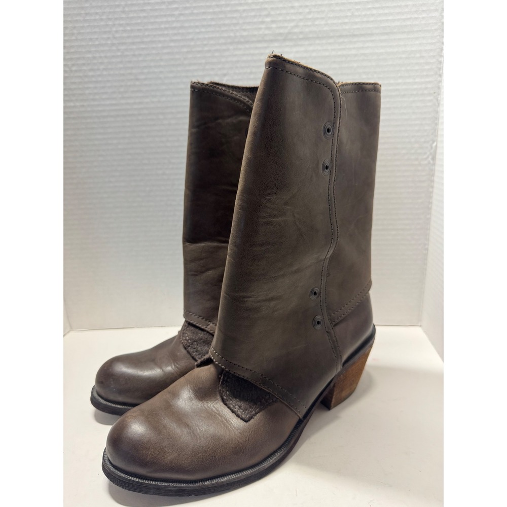 Luxury Rebel Brown Leather Mid-Calf Gaiter Boots‎ Stacked Heel Size 40 9